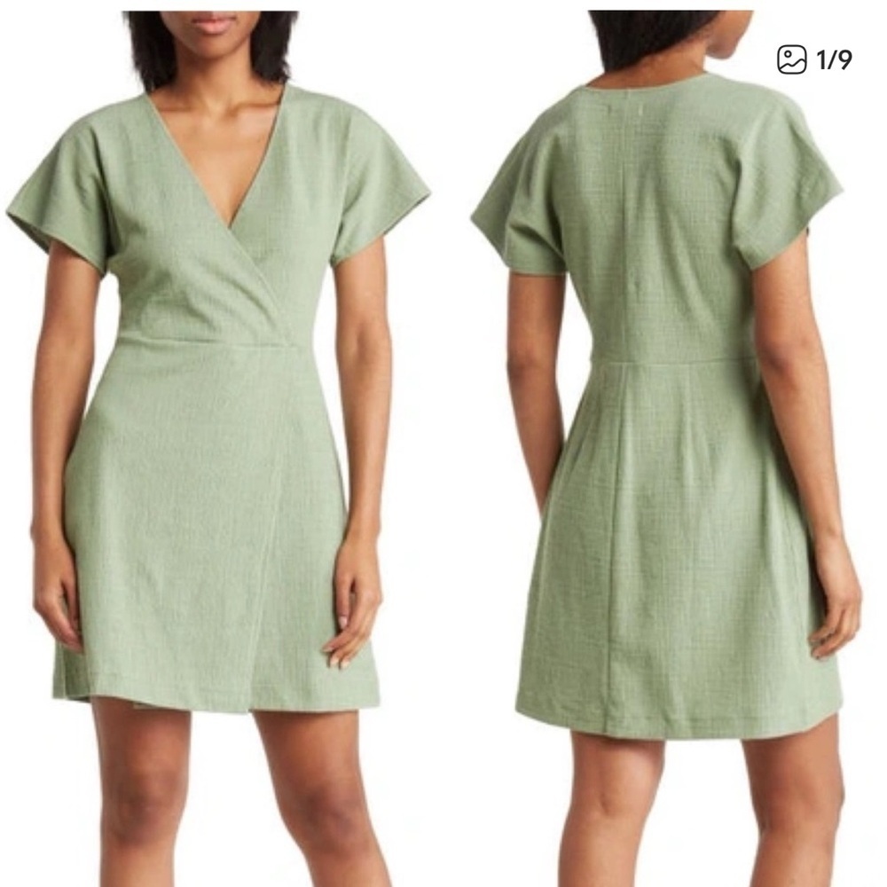 Madewell Cross Front Flutter Sleeve Wrap Dress in Dried Aloe Green Size XXS